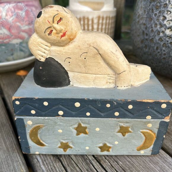 Indonesian Folk Art Sleeping Bhudha Box Carved Wood Hand Painted Stars Moon - Picture 8 of 14
